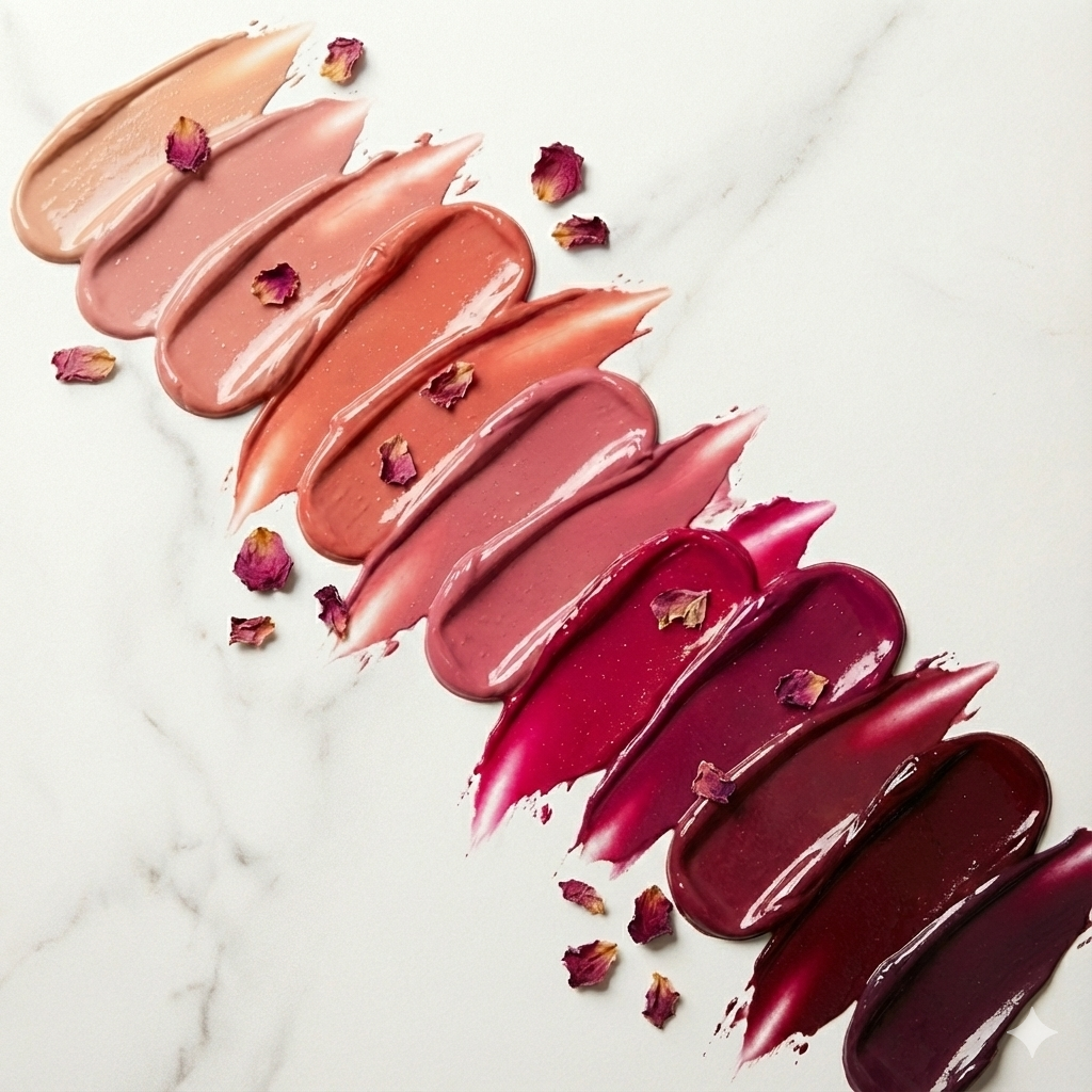 Fan of lipstick and foundation swatches